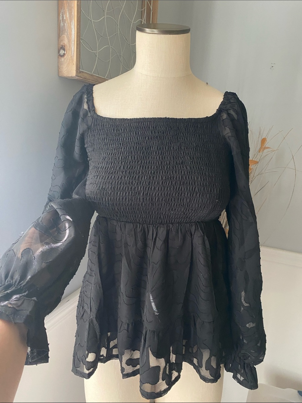 SHEIN Black Smocked Blouse w puff shoulder long sleeves -Small